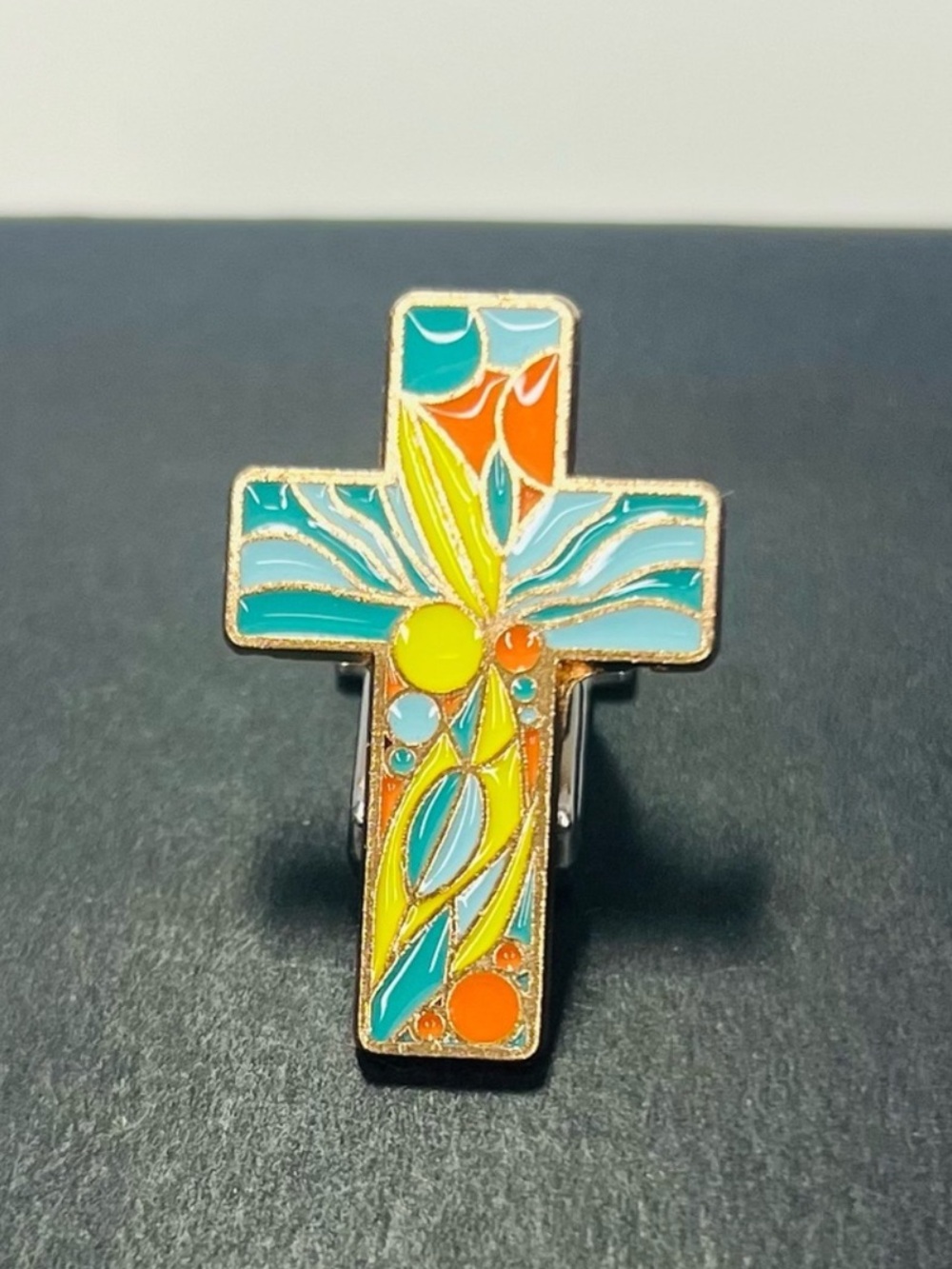 Enamel Cross Pin in Turquoise, Yellow & Orange